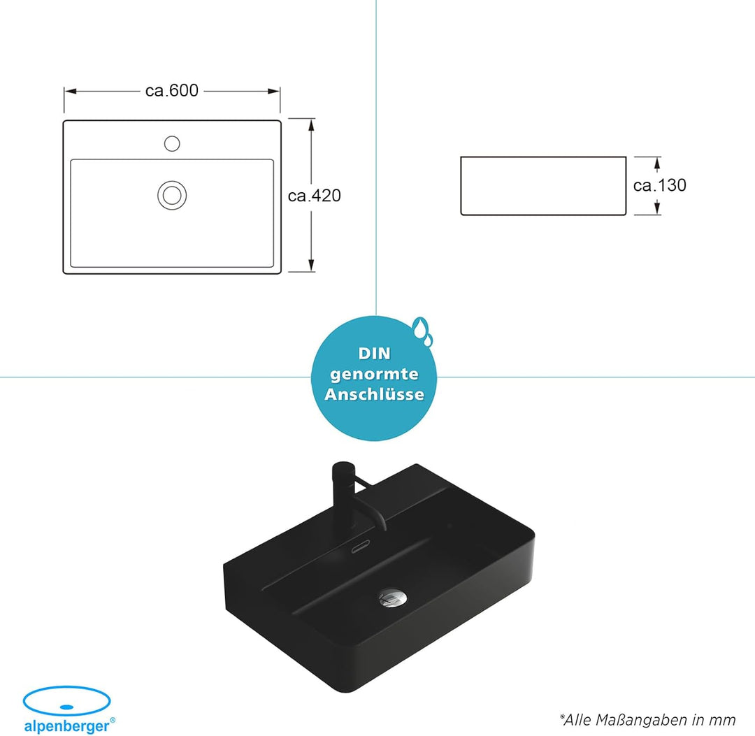Alpenberger 491-SCHWARZ Aufsatz & Hänge Waschbecken mit Nanobeschichtung
