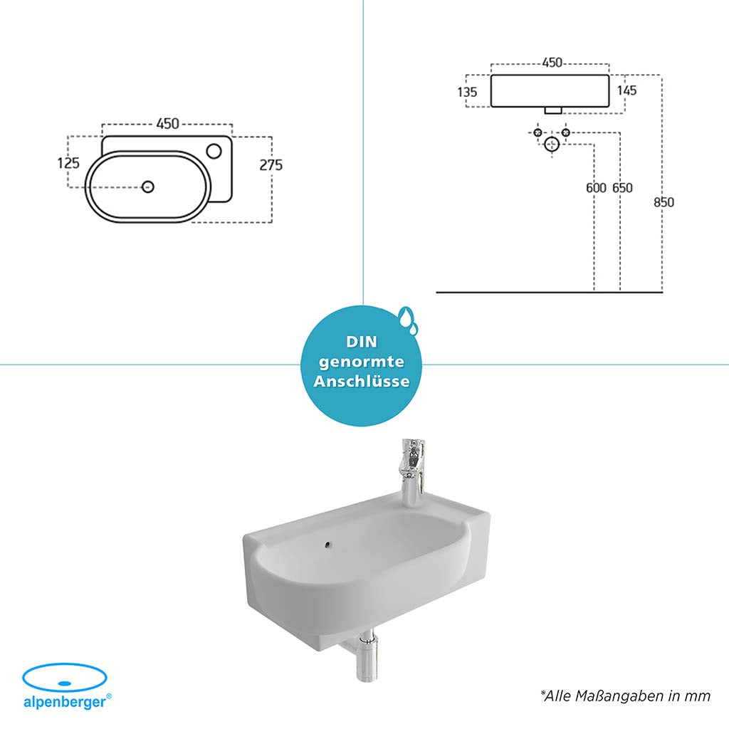 Alpenberger 3045 Handwaschbecken: Keramik mit Überlauf zur Wandmontage