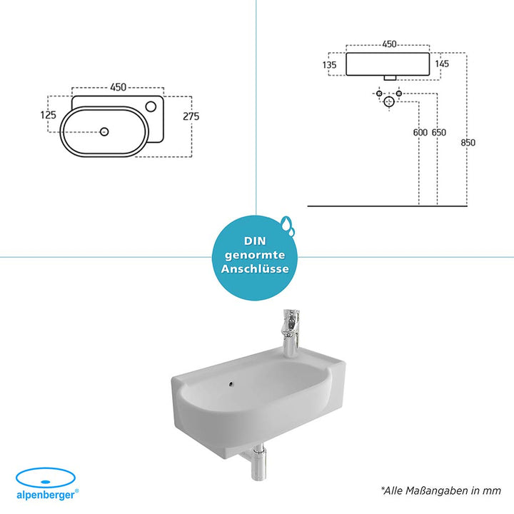 Alpenberger 3045 Handwaschbecken: Keramik mit Überlauf zur Wandmontage