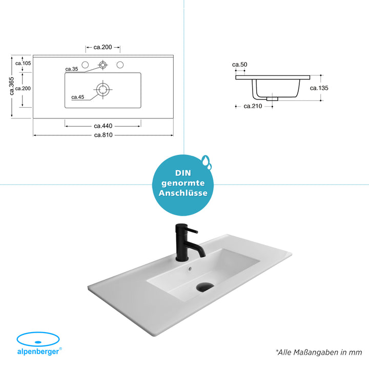 Alpenberger Mini 800 Waschtisch, aus Keramik, mit Überlaufschutz, mit Nanobeschichtung
