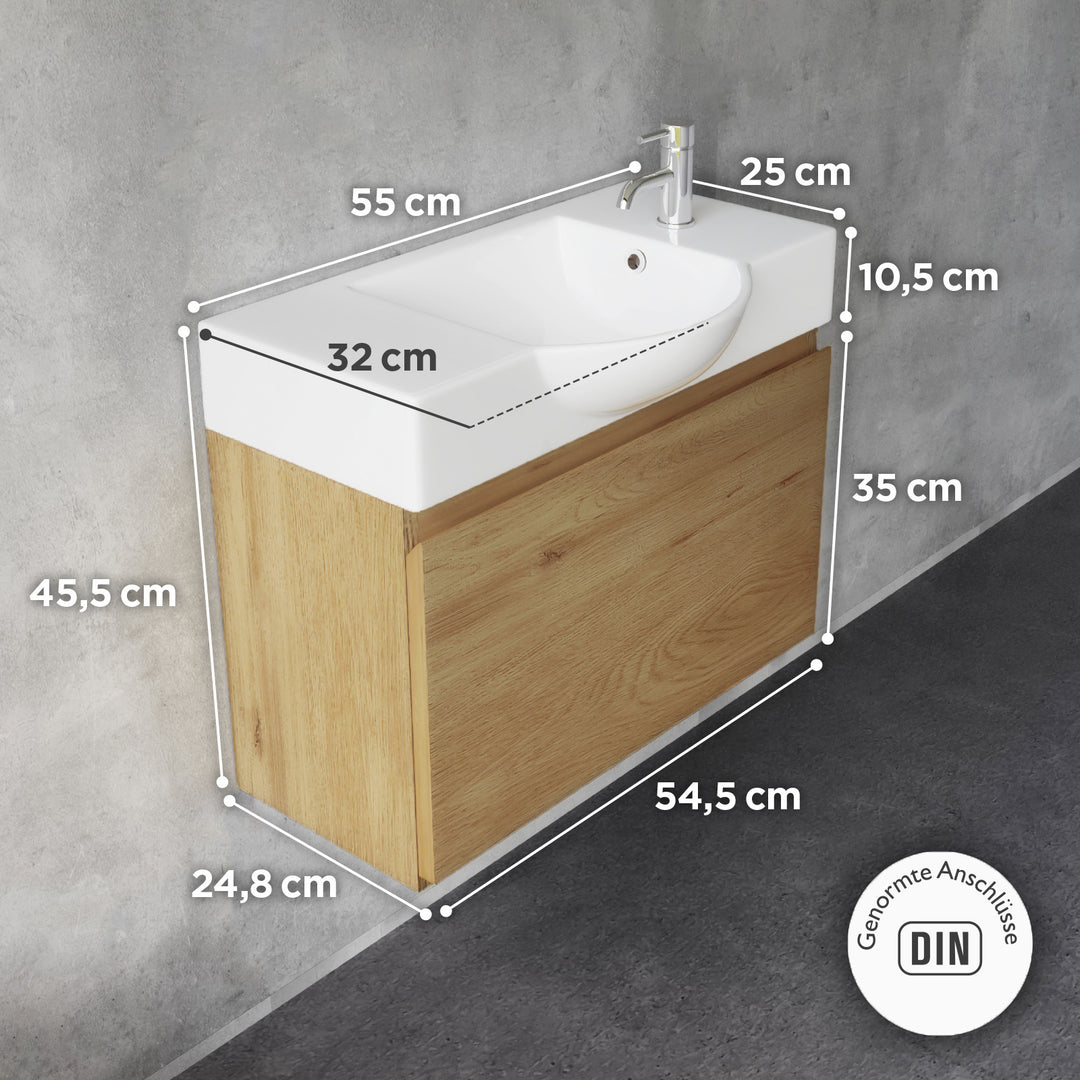 Alpenberger Waschplatz-Set 55 cm – Keramik Waschbecken mit Unterschrank | Lugano-550 + KORA-550 Eiche Natur
