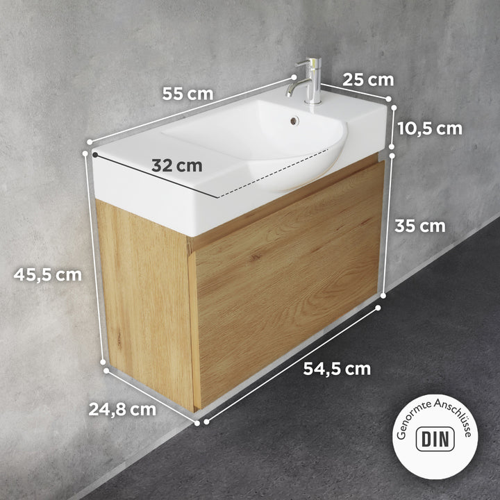 Alpenberger Waschplatz-Set 55 cm – Keramik Waschbecken mit Unterschrank | Lugano-550 + KORA-550 Eiche Natur