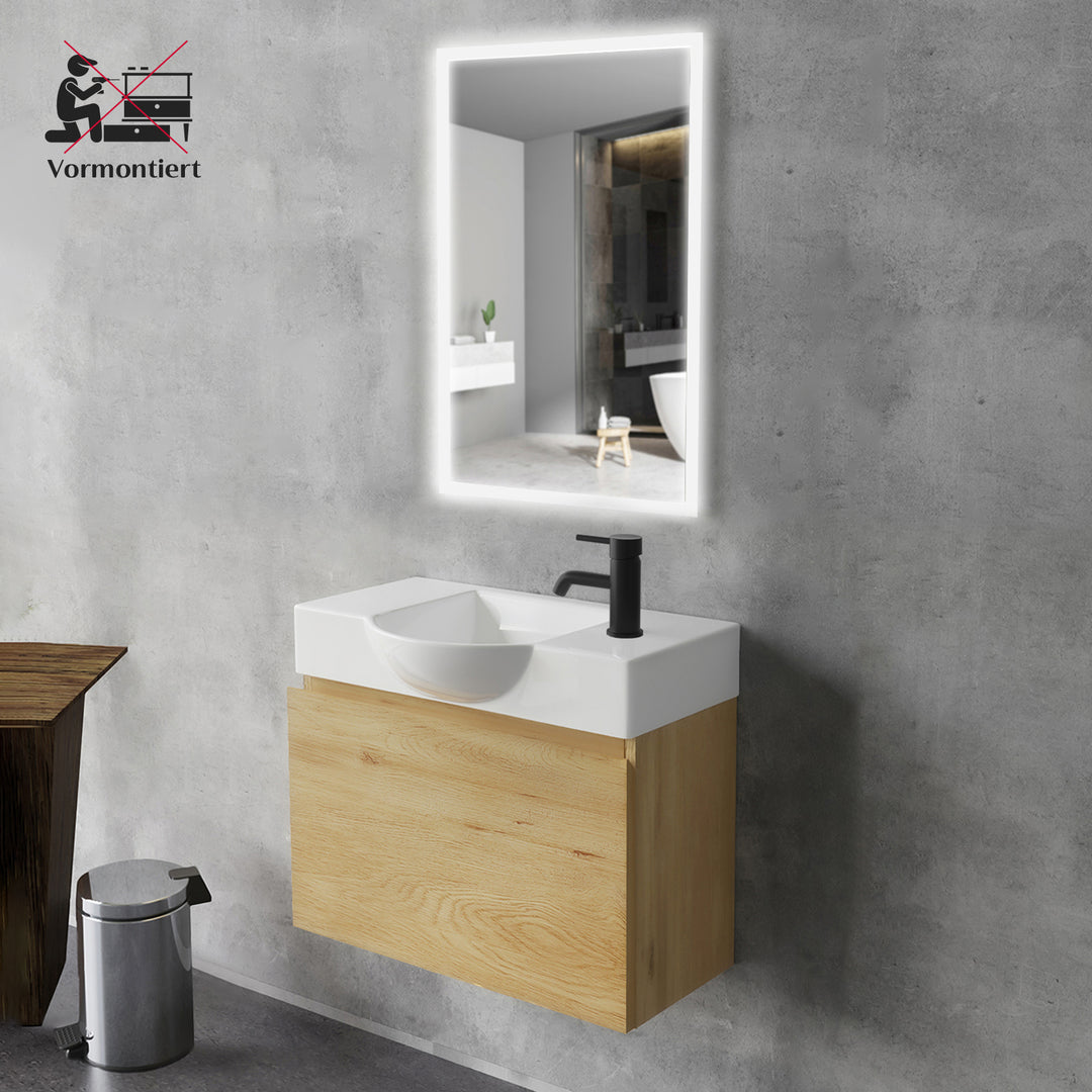 Alpenberger Waschplatz-Set 55 cm – Keramik Waschbecken mit Unterschrank | Lugano-550 + KORA-550 Eiche Natur