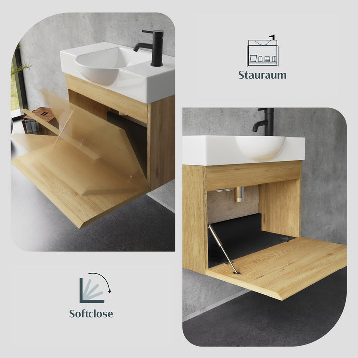 Alpenberger Waschplatz-Set 55 cm – Keramik Waschbecken mit Unterschrank | Lugano-550 + KORA-550 Eiche Natur