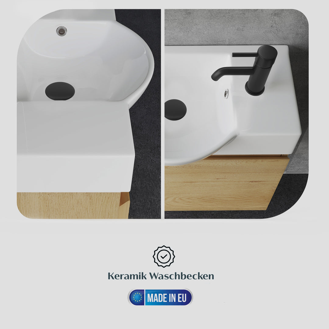 Alpenberger Waschplatz-Set 55 cm – Keramik Waschbecken mit Unterschrank | Lugano-550 + KORA-550 Eiche Natur