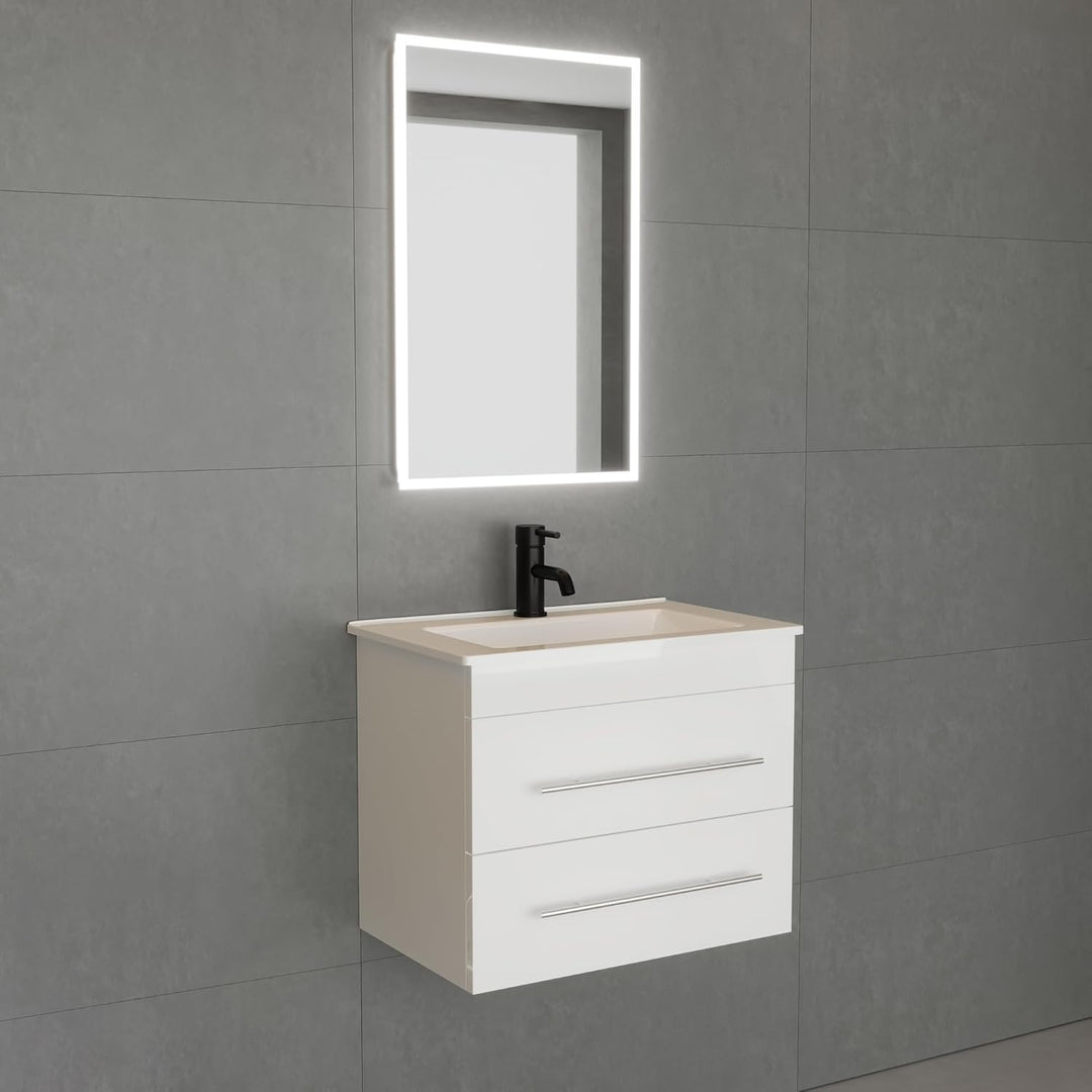 Alpenberger Keramik Waschbecken Mini-600 + Unterschrank Mini-600 + Spiegel Viva-45 LED