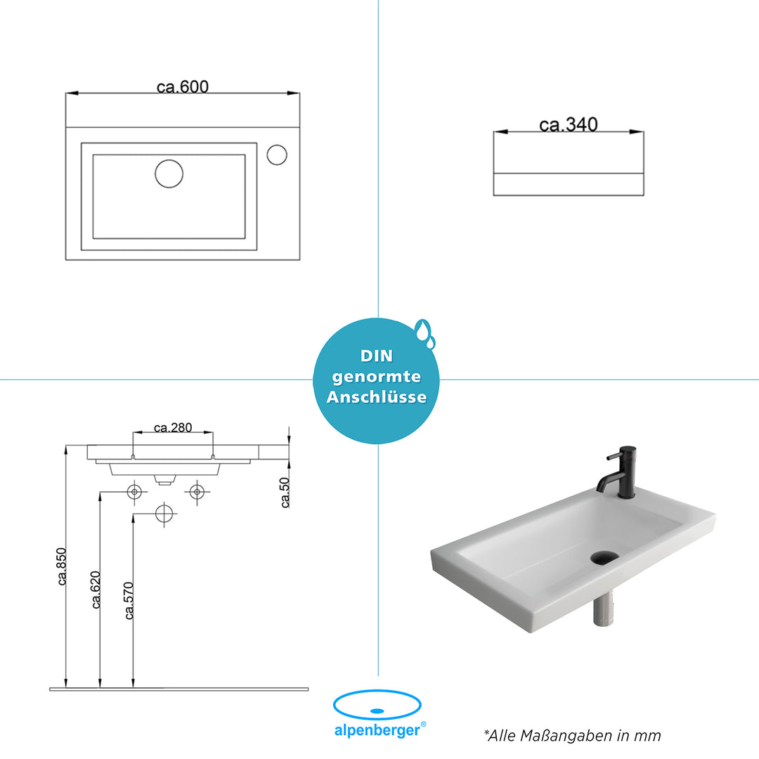 Alpenberger 4060 Hänge / Aufsatz Handwaschbecken Keramik pflegeleicht für Gäste WC & Badezimmer
