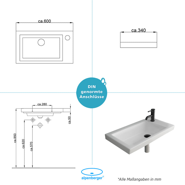 Alpenberger 4060 Hänge / Aufsatz Handwaschbecken Keramik pflegeleicht für Gäste WC & Badezimmer