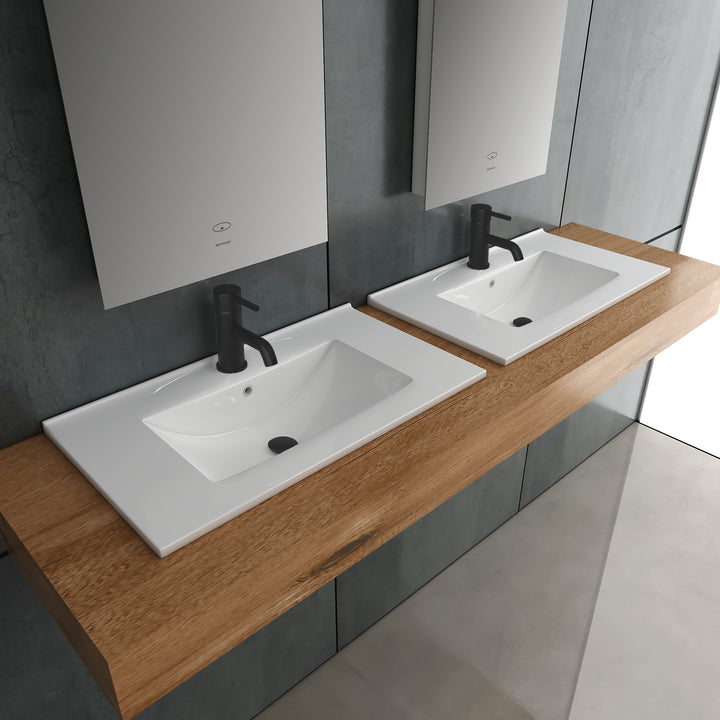 Alpenberger Design Einbauwaschbecken 70 cm – Keramik-Waschtisch mit Nano-Beschichtung & extra Ablagefläche – Modern & Pflegeleicht