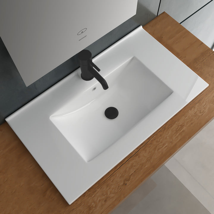 Alpenberger Design Einbauwaschbecken 70 cm – Keramik-Waschtisch mit Nano-Beschichtung & extra Ablagefläche – Modern & Pflegeleicht