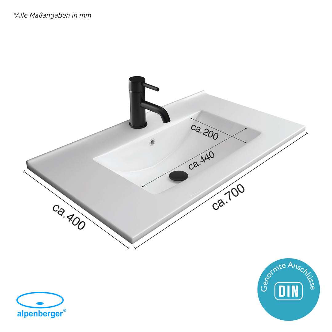 Alpenberger Design Einbauwaschbecken 70 cm – Keramik-Waschtisch mit Nano-Beschichtung & extra Ablagefläche – Modern & Pflegeleicht