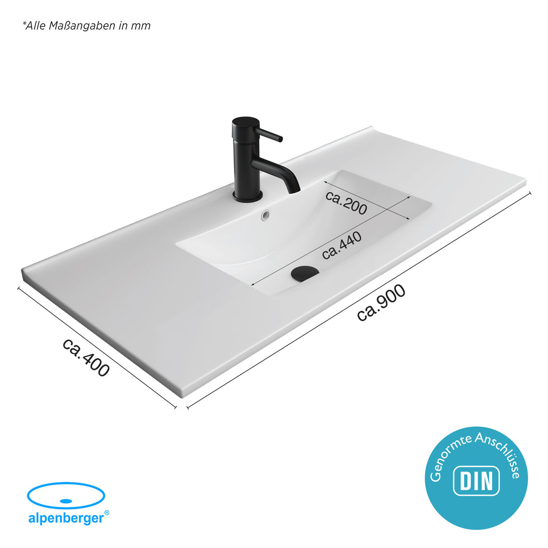 Alpenberger Design Einbauwaschbecken 90 cm – XL-Waschtisch mit Nano-Beschichtung & extra breiten Ablageflächen – Modern & Pflegeleicht