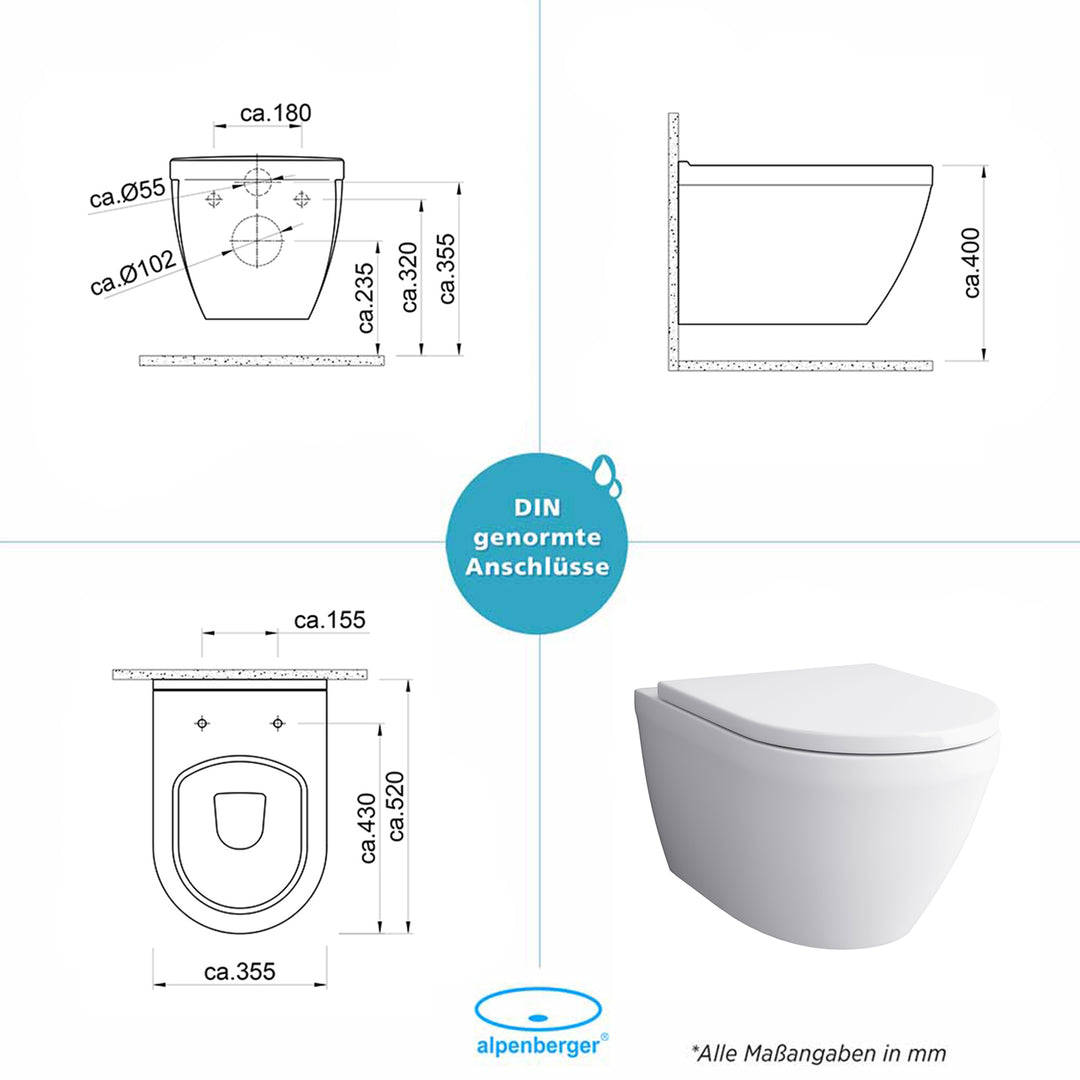 Alpenberger Wand-WC spülrandlos mit Nano-Beschichtung – Schmutzabweisendes Hänge-WC inkl. Soft-Close Sitz