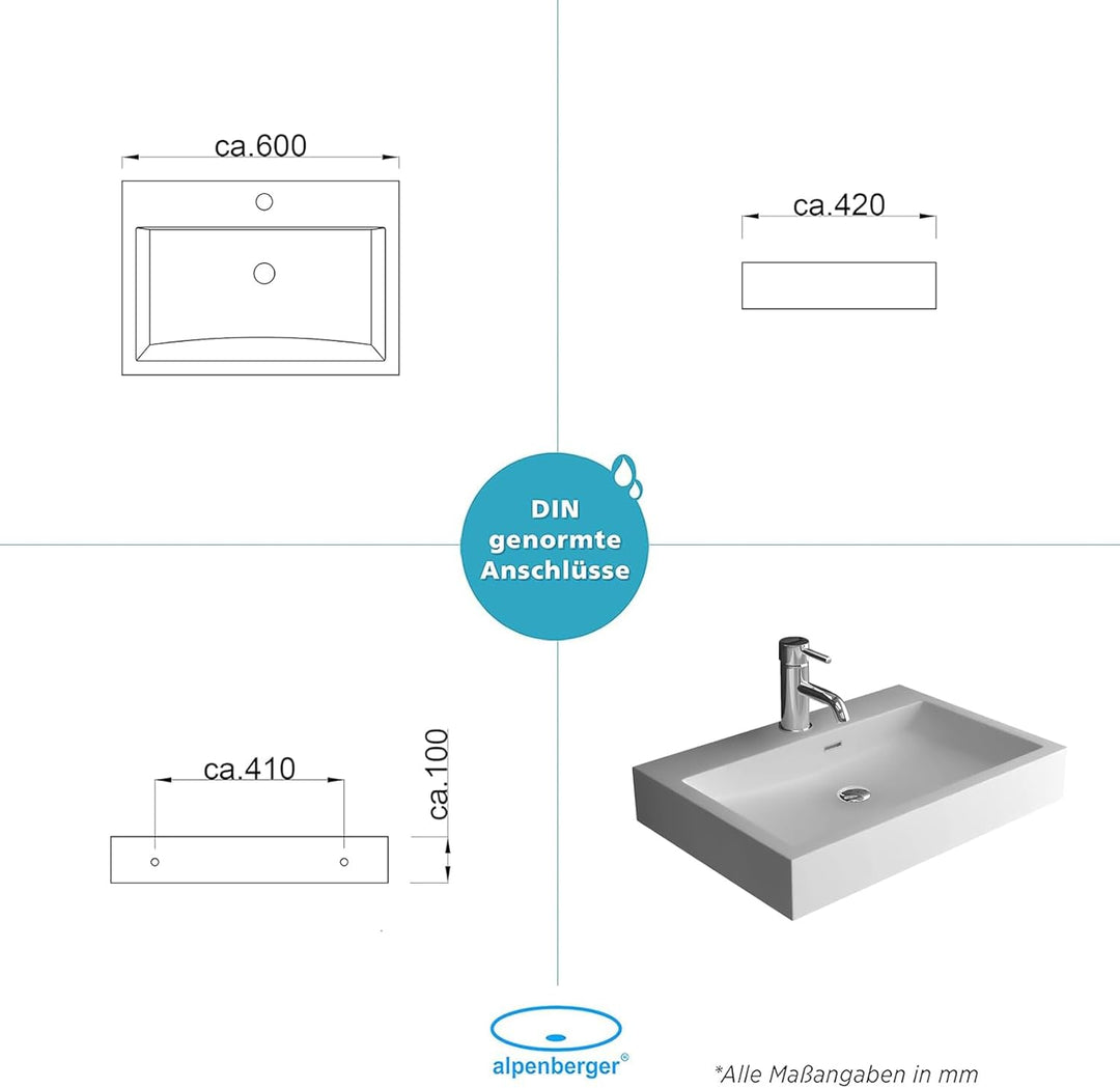 Alpenberger Sera 600 Waschbecken Hänge- & Aufsatzbecken mit Überlauf
