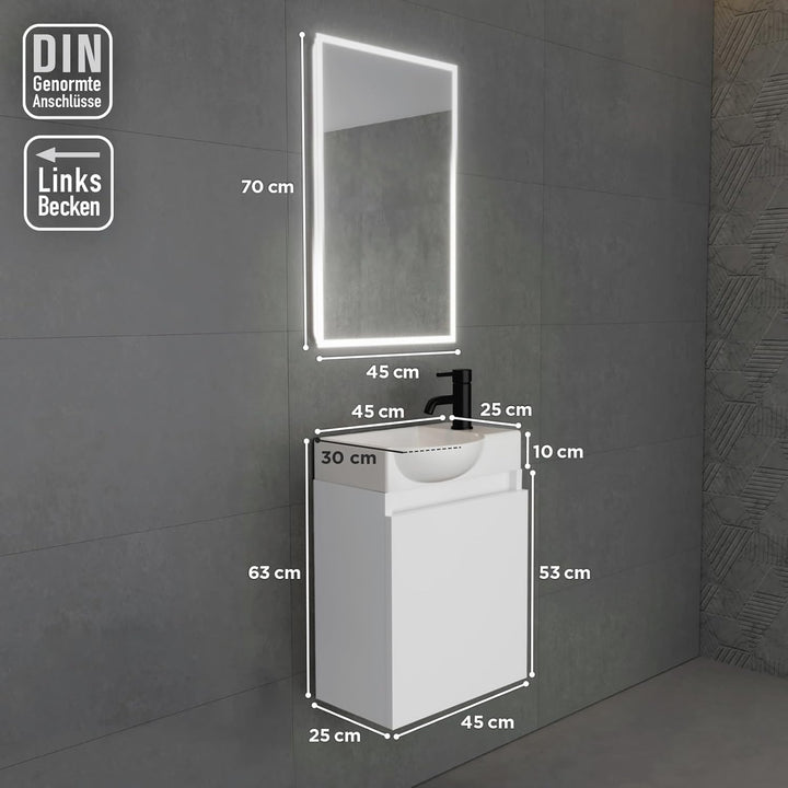 Alpenberger Keramik Waschbecken Lugano-450-Links + Unterschrank Lugano-450-Links-Weiss + Spiegel Viva 45