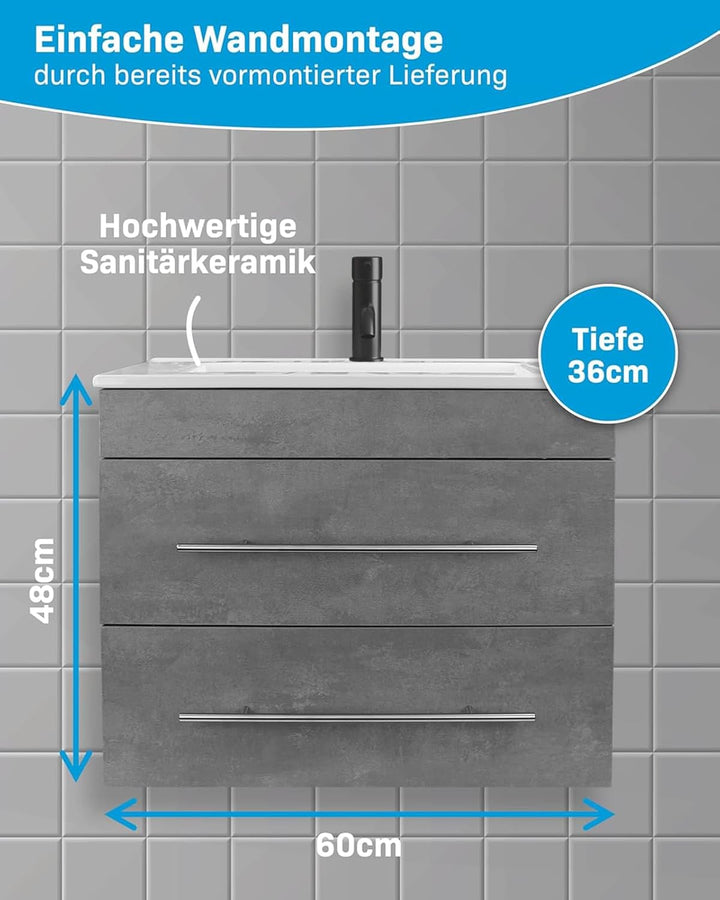Alpenberger Mini 600 Badmöbel Set Grau: Waschbecken mit Lotuseffekt