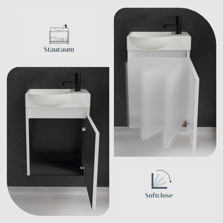 Alpenberger Keramik Waschbecken Lugano-450-Links + Unterschrank Lugano-450-Links-Weiss + Spiegel Viva 45