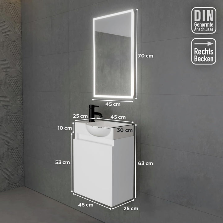 Alpenberger Keramik Waschbecken Lugano-450-Rechts + Unterschrank Lugano-450-Rechts-Weiss + Spiegel Viva 45