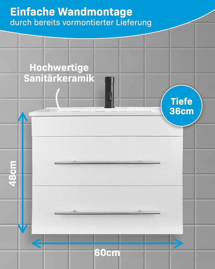 Alpenberger Mini 600 Badmöbel Set in Weiß: Waschbecken mit Lotuseffekt
