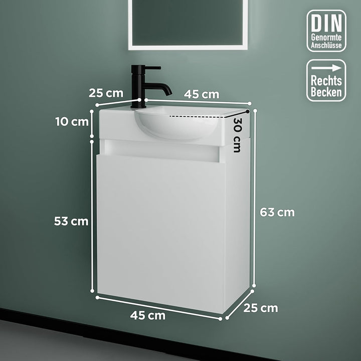 Alpenberger Keramik Waschbecken Lugano-450-Rechts + Unterschrank Lugano-450-Rechts-Weiss
