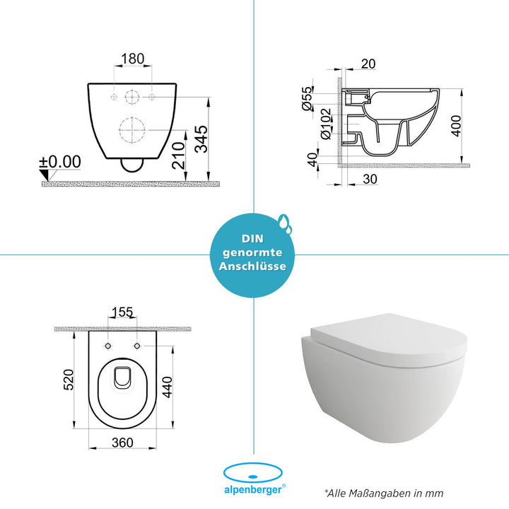 Alpenberger Wand-WC Komplettset spülrandlos mit Bidet-Funktion & Geberit Duofix UP320 Vorwandelement inkl. Soft-Close Sitz
