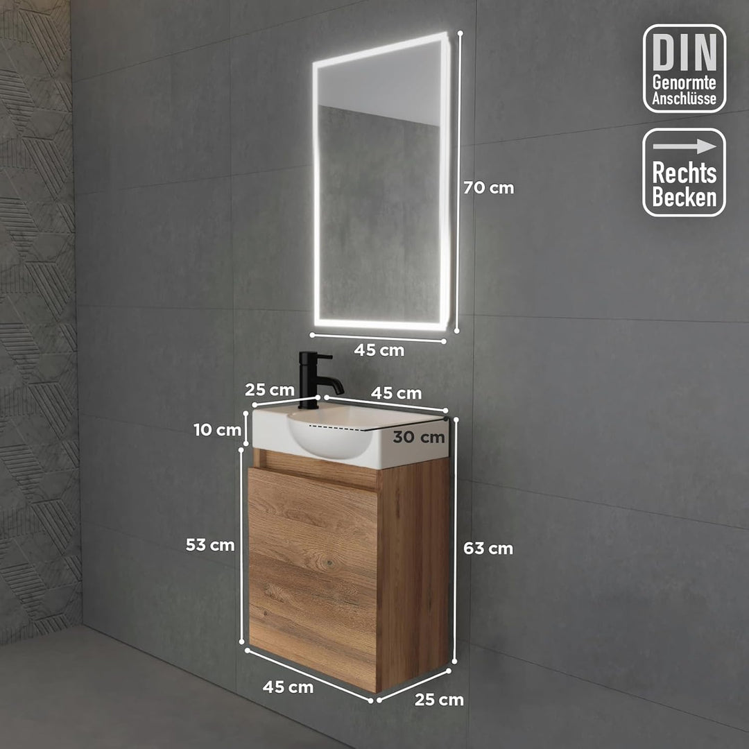 Alpenberger Keramik Waschbecken Lugano-450-Rechts + Unterschrank Lugano-450-Rechts-Bamboo + Spiegel Viva 45
