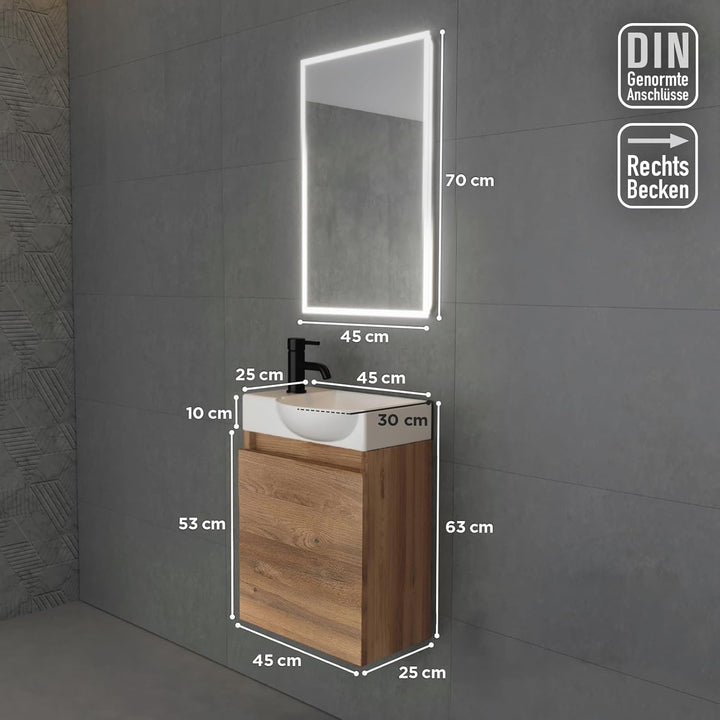 Alpenberger Keramik Waschbecken Lugano-450-Rechts + Unterschrank Lugano-450-Rechts-Bamboo + Spiegel Viva 45