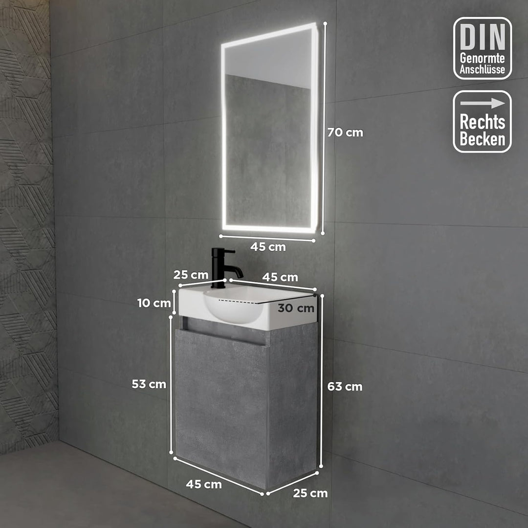 Alpenberger Keramik Waschbecken Lugano-450-Rechts + Unterschrank Lugano-450-Rechts-Cement + Spiegel Viva 45