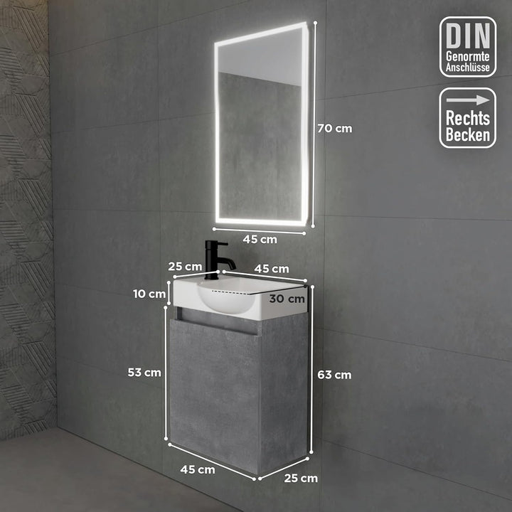 Alpenberger Keramik Waschbecken Lugano-450-Rechts + Unterschrank Lugano-450-Rechts-Cement + Spiegel Viva 45