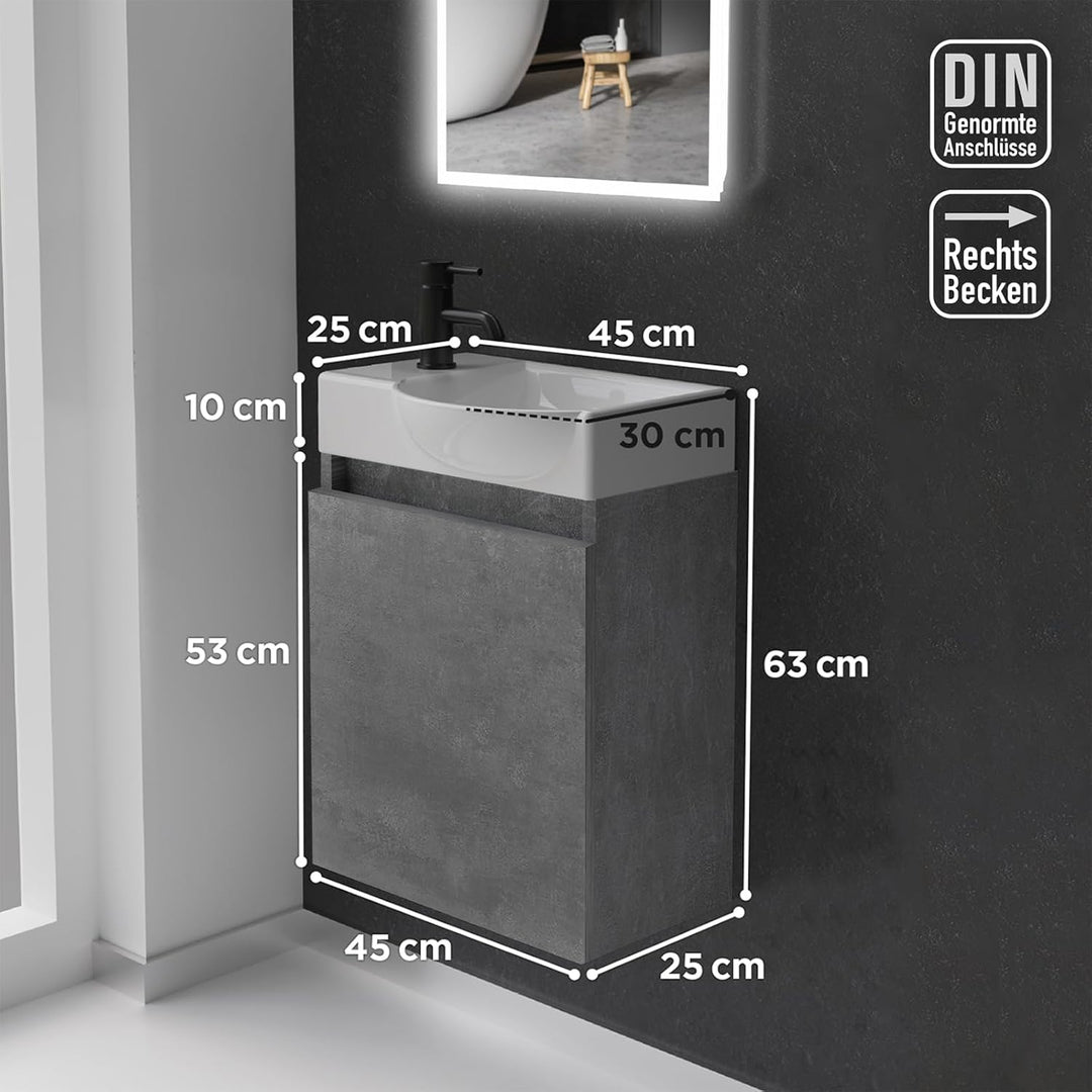 Alpenberger Lugano-450 Badmöbel Set, Waschbecken + Unterschrank, Cement, für Badezimmer und Gäste-WC