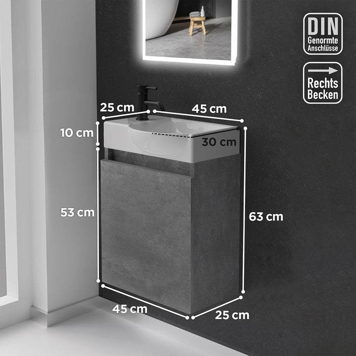 Alpenberger Lugano-450 Badmöbel Set, Waschbecken + Unterschrank, Cement, für Badezimmer und Gäste-WC