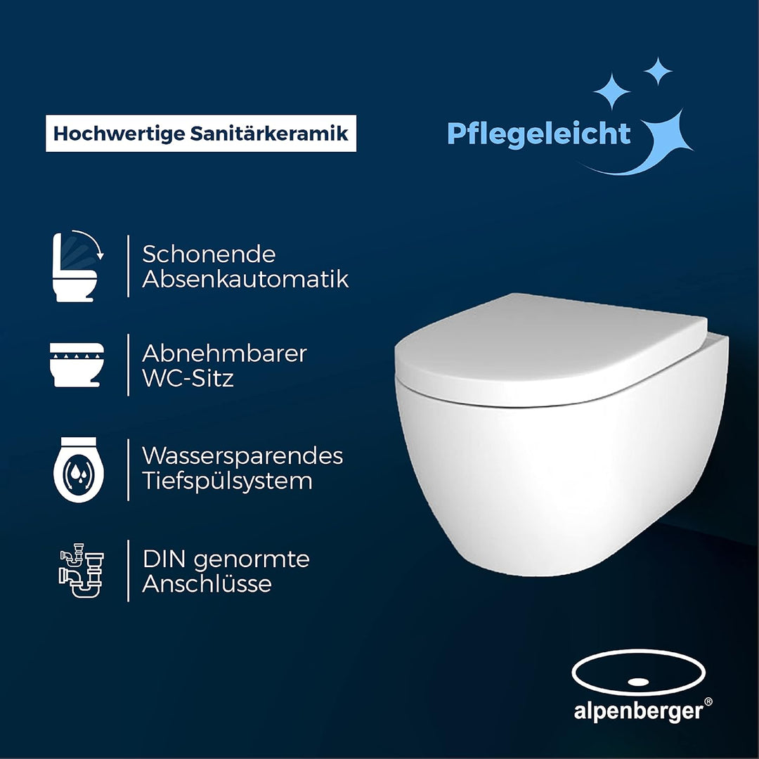 Alpenberger Wand-WC spülrandlos mit Bidet-Funktion & Soft-Close Sitz – Dusch-WC für Geberit & gängige Vorwandelemente
