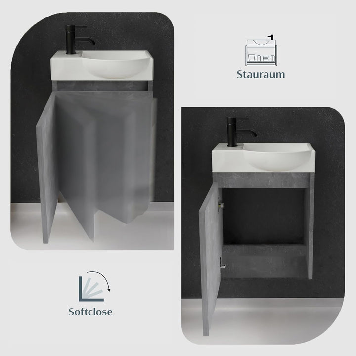 Alpenberger Keramik Waschbecken Lugano-450-Rechts + Unterschrank Lugano-450-Rechts-Cement + Spiegel Viva 45