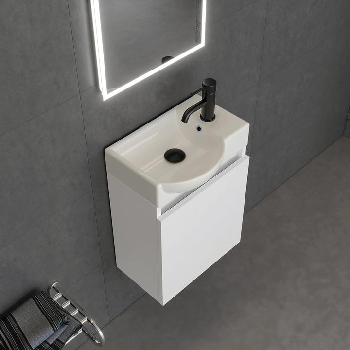Alpenberger Keramik Waschbecken Lugano-450-Links + Unterschrank Lugano-450-Links-Weiss + Spiegel Viva 45