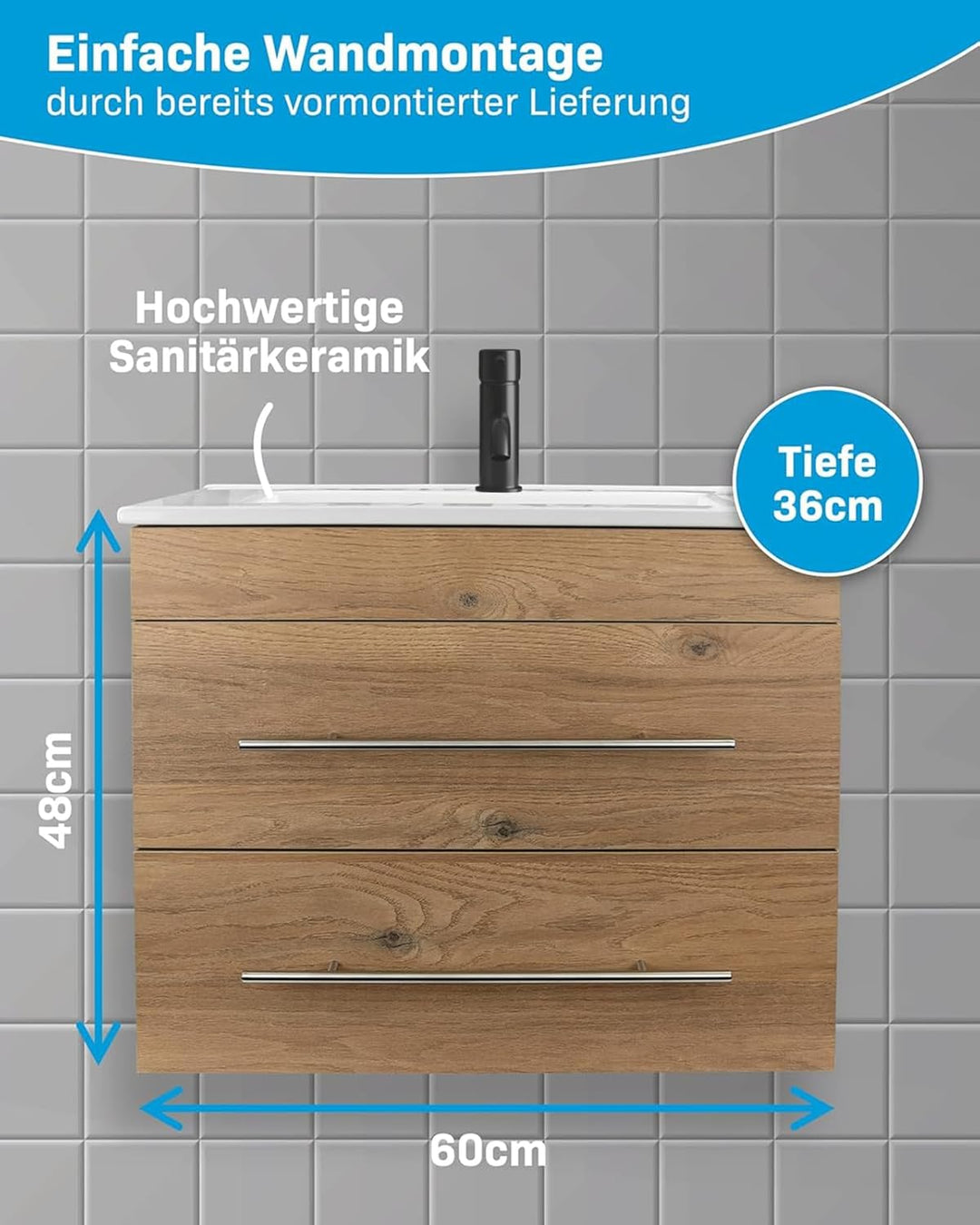 Alpenberger Mini 600 Badmöbel Set Bamboo: Waschbecken mit Lotuseffekt
