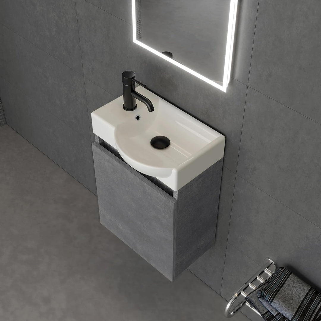 Alpenberger Keramik Waschbecken Lugano-450-Rechts + Unterschrank Lugano-450-Rechts-Cement + Spiegel Viva 45