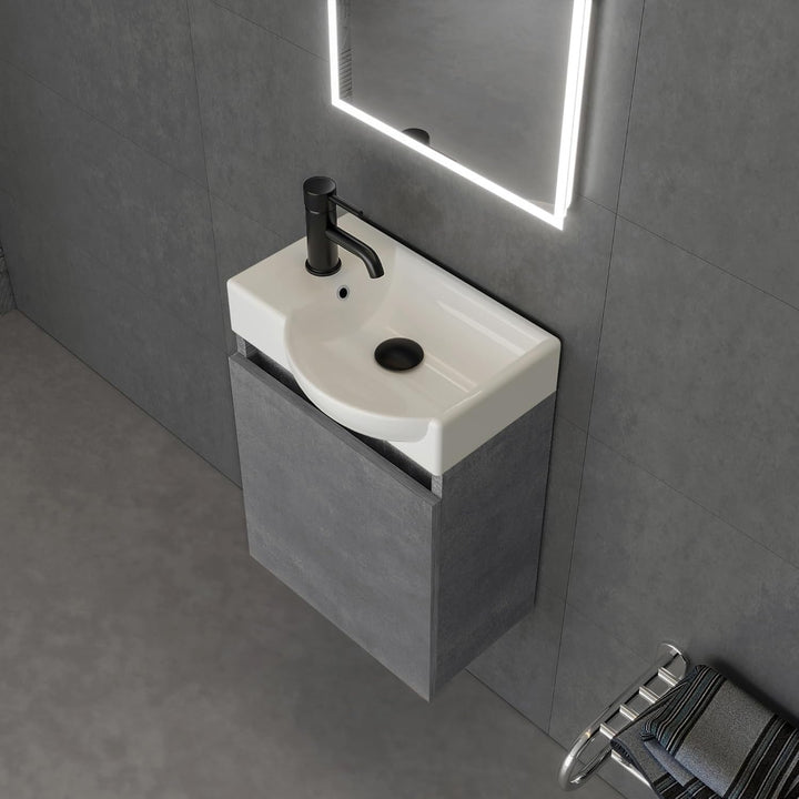 Alpenberger Keramik Waschbecken Lugano-450-Rechts + Unterschrank Lugano-450-Rechts-Cement + Spiegel Viva 45