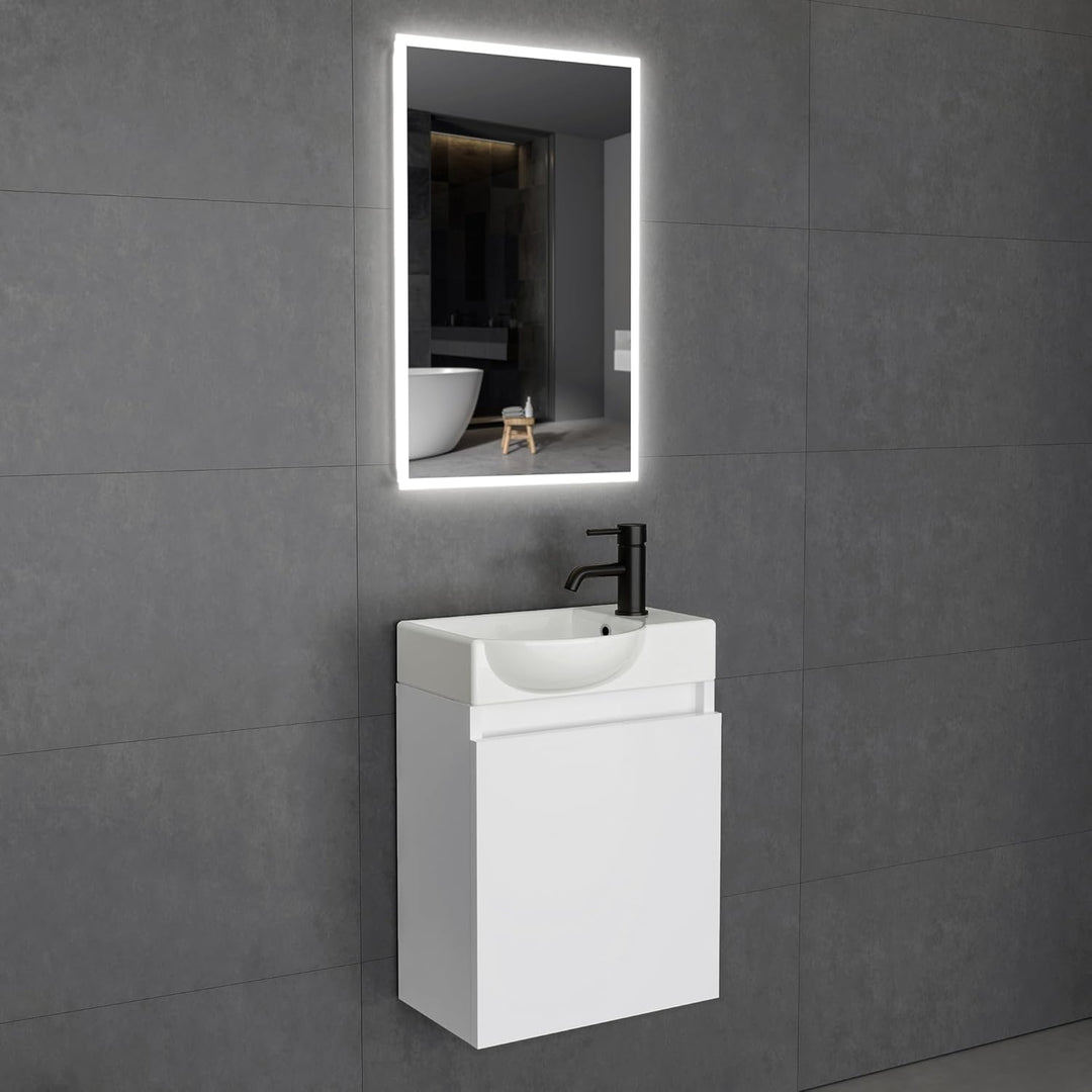 Alpenberger Keramik Waschbecken Lugano-450-Links + Unterschrank Lugano-450-Links-Weiss + Spiegel Viva 45