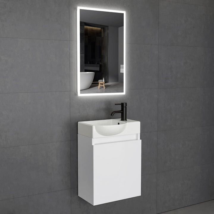 Alpenberger Keramik Waschbecken Lugano-450-Links + Unterschrank Lugano-450-Links-Weiss + Spiegel Viva 45