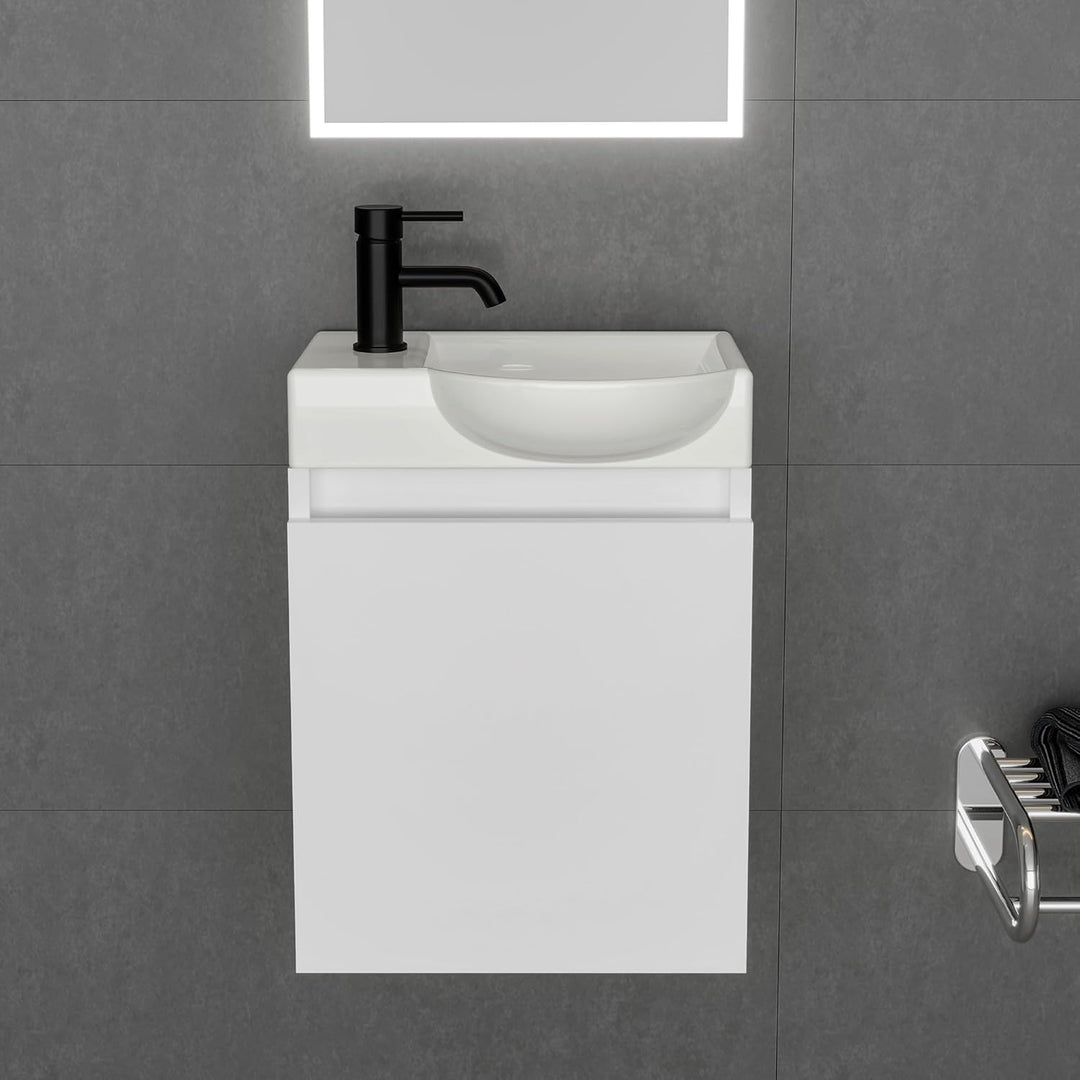 Alpenberger Keramik Waschbecken Lugano-450-Rechts + Unterschrank Lugano-450-Rechts-Weiss + Spiegel Viva 45