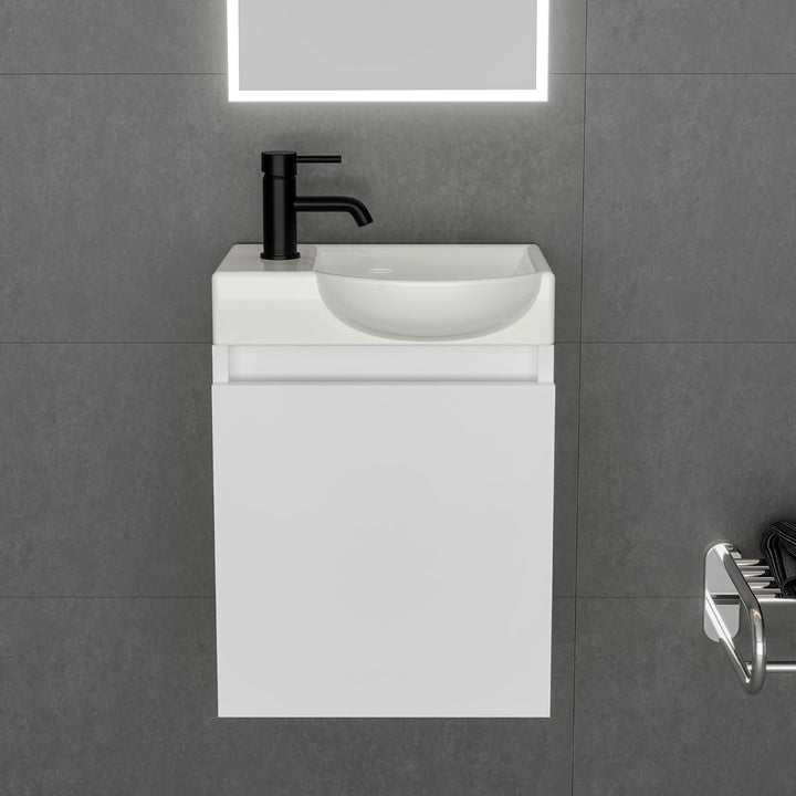 Alpenberger Keramik Waschbecken Lugano-450-Rechts + Unterschrank Lugano-450-Rechts-Weiss + Spiegel Viva 45