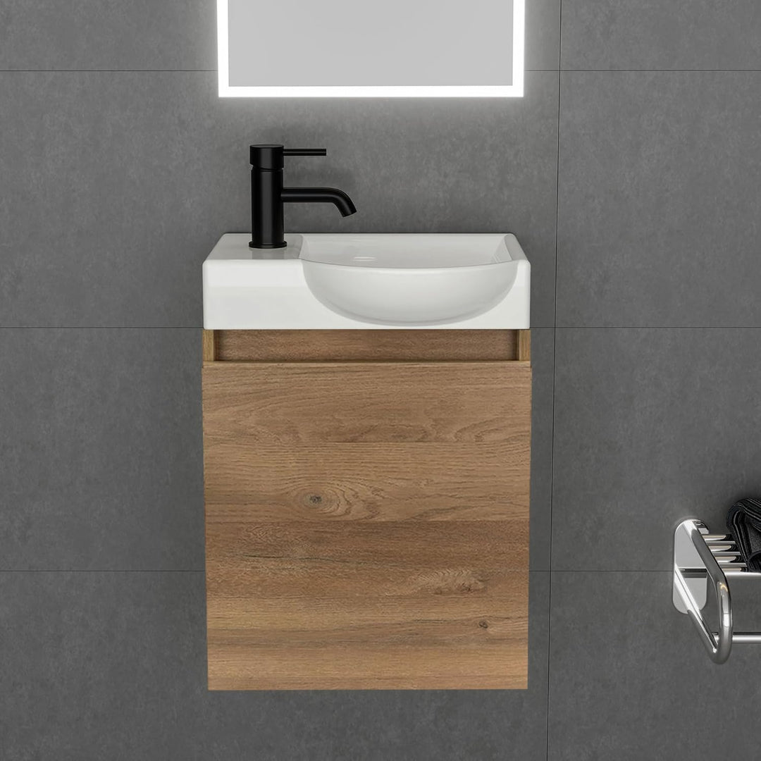 Alpenberger Keramik Waschbecken Lugano-450-Rechts + Unterschrank Lugano-450-Rechts-Bamboo + Spiegel Viva 45