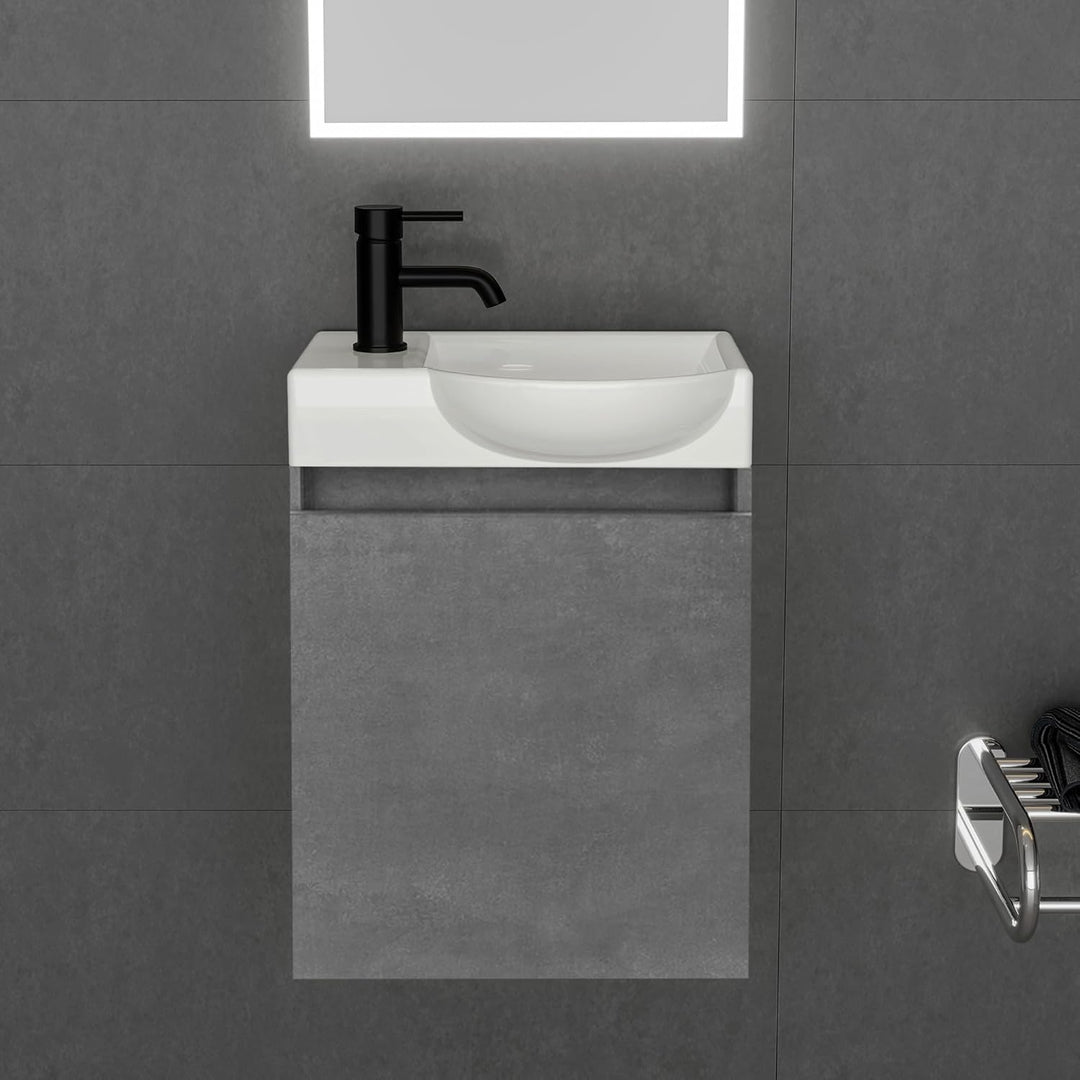 Alpenberger Keramik Waschbecken Lugano-450-Rechts + Unterschrank Lugano-450-Rechts-Cement + Spiegel Viva 45