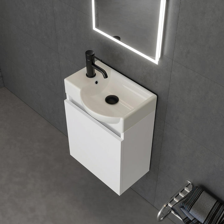 Alpenberger Keramik Waschbecken Lugano-450-Rechts + Unterschrank Lugano-450-Rechts-Weiss + Spiegel Viva 45