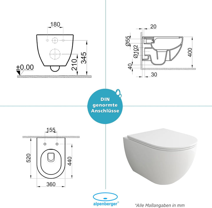Alpenberger Cera 6200 Wand WC: Toilette Spülrandlos & Nano Slim Sitz