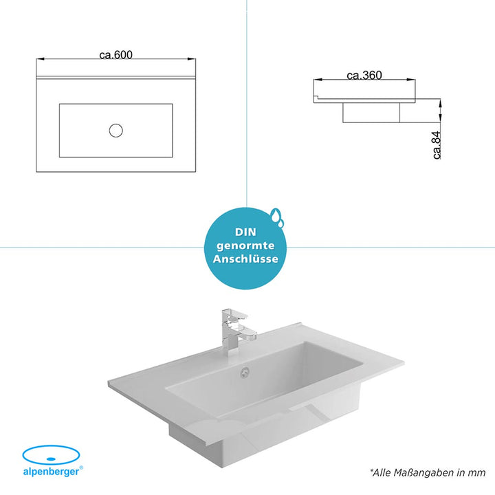 Alpenberger Mini-600 Aufsatz Waschbecken mit Nano, Hahnloch & Überlauf