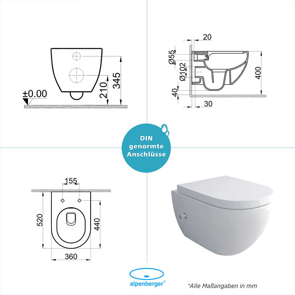 Alpenberger Cera 6250: Spülrandloses Dusch-WC mit Nano Beschichtung