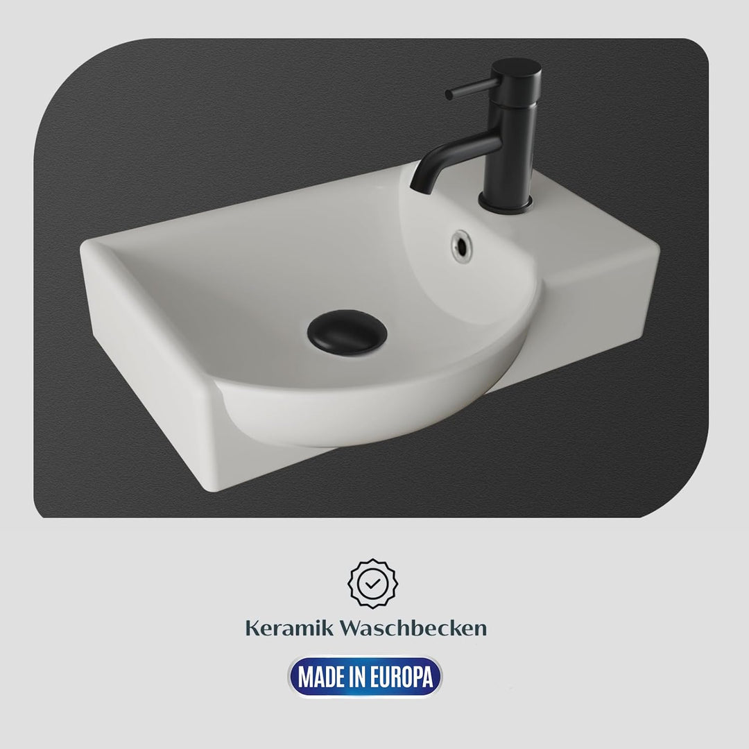 Alpenberger Keramik Waschbecken Lugano-450-Links + Unterschrank Lugano-450-Links-Weiss + Spiegel Viva 45