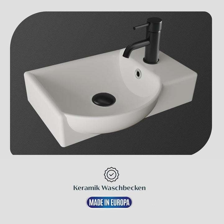 Alpenberger Keramik Waschbecken Lugano-450-Links + Unterschrank Lugano-450-Links-Weiss + Spiegel Viva 45