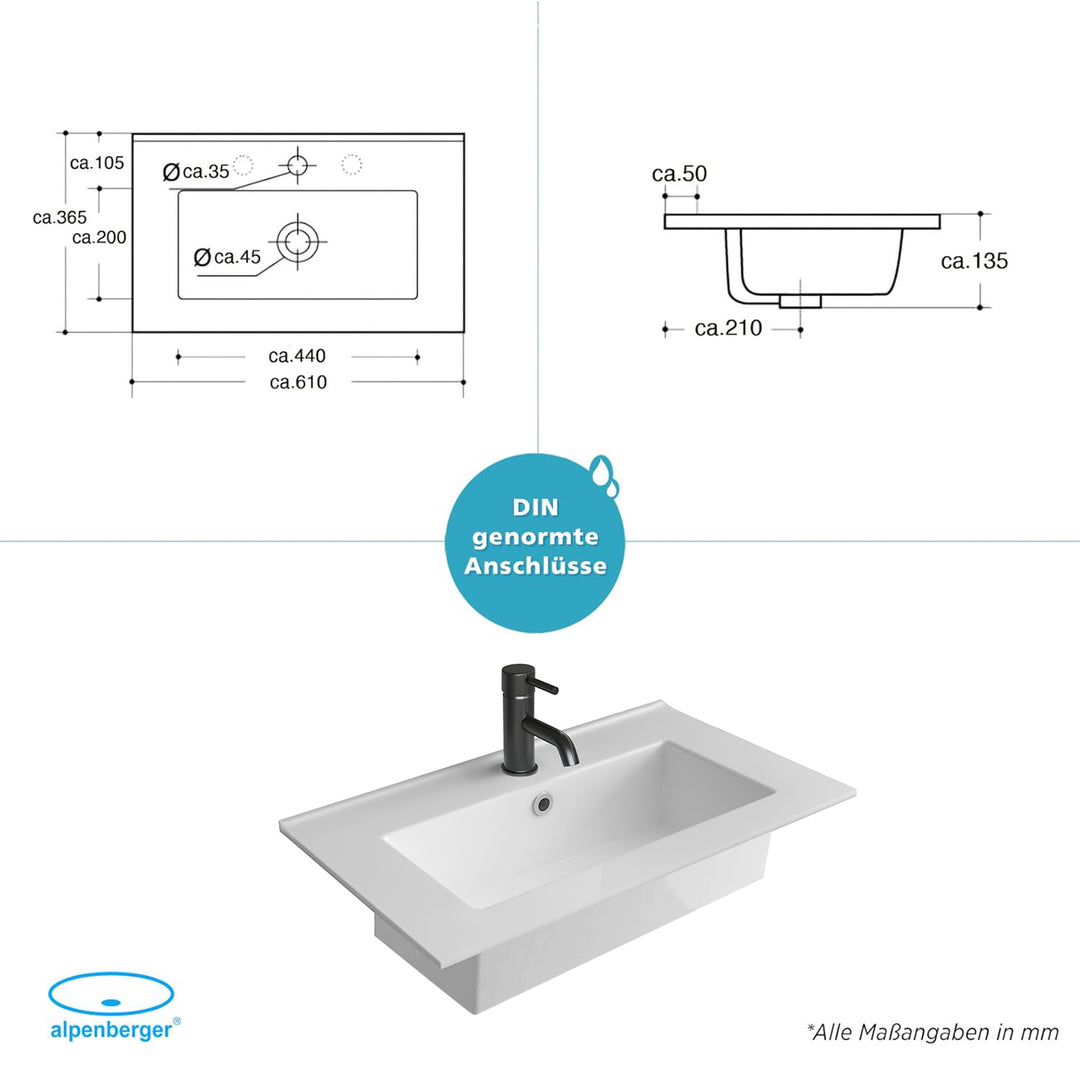 Alpenberger Mini-600 Aufsatz Waschbecken mit Nano, Hahnloch & Überlauf